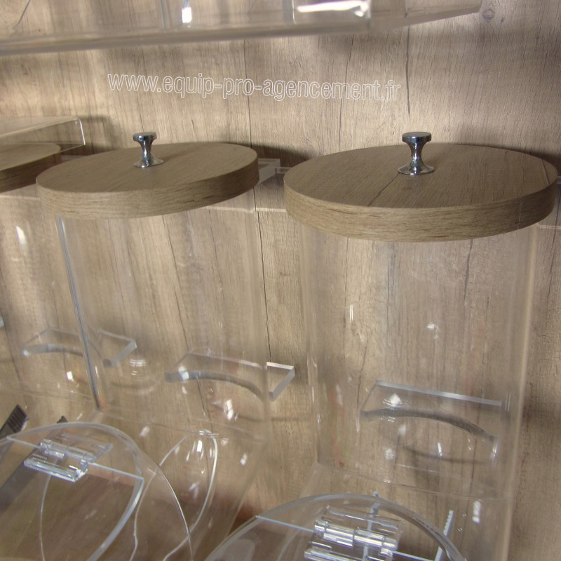 couvercle rond en bois pour distributeur tube vrac, meuble bio
