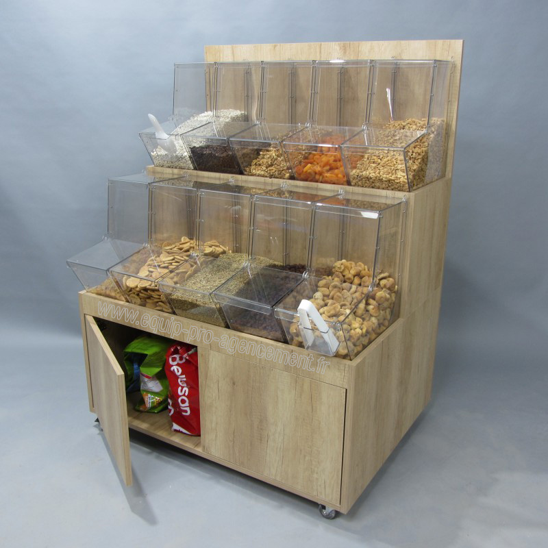 Meuble équipé de 10 distributeurs vrac, meuble bio